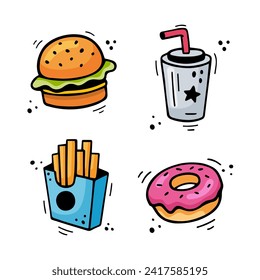 Fast food icons set - Hamburger, French fries, paper cup with drink, donut. Hand drawn fast food combination. Comic doodle sketch style. Colorful snacks drawn with felt tip pen. Vector illustration