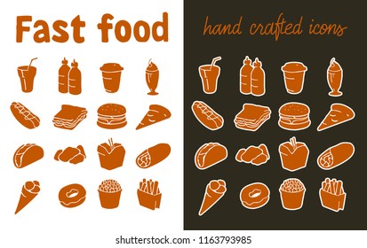 Fast food icons set. Hand drawn one color stylish symbols. Stamp style glyphs. Soda, pizza, coffee milkshake, hot dog, sandwich, hamburger, taco, chicken nuggets, asian food, burrito, ice cream, fries