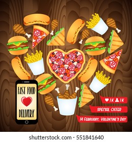 Fast food icons set in the heart shape. Black cell phone with delivery app. Like and comments counter. Fast food menu card, poster, banner design. Food for Valentine's Day party and romantic date. 