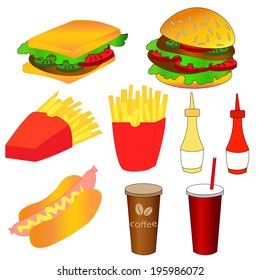 Fast food icons set. Hot Dog, Fries, Hamburger, Sauces, Coffee and Cola.  Color vector illustration. 