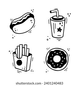 Fast food icons set - Hot Dog, French fries, paper cup with drink, pie, donut. Hand drawn fast food combination. Comic doodle sketch style. Vector illustration