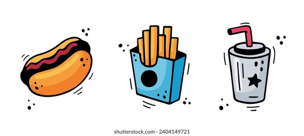 Fast food icons set - Hot Dog, French fries, paper cup with drink. Hand drawn fast food combo meal. Comic doodle sketch style. Vector illustration. Colorful snacks drawn with felt-tip pen.