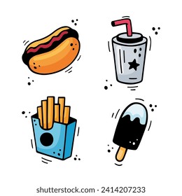 Fast food icons set - Hot Dog, French fries, paper cup with drink, ice cream. Hand drawn fast food combo. Comic doodle sketch style. Colorful snacks drawn with felt tip pen. Vector illustration