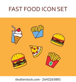 fast food icons set illustration on yellow background