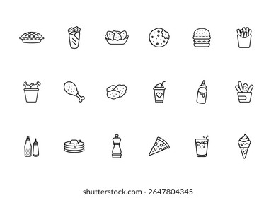 Fast food icons set including pizza burger fries ice cream more on background Burrito