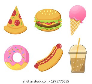 fast food icons set isolated on white background vector illustration. Cartoon style.  Pizza slice, burger, ice-cream, donut, hot dog, drink vector illustration, flat style.

