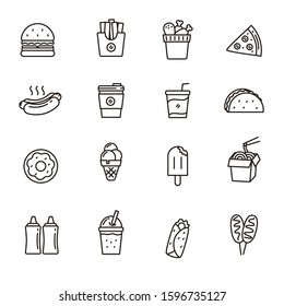 Fast food icons set. Line style of fast food icons such as burger, ice cream, hot dog, soda, etc