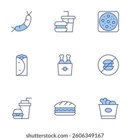 Fast food icons set. Line Duotone style, editable stroke. fried chicken, chicken bucket, pizza, sausage, fast food