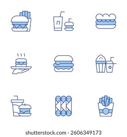 Fast food icons set. Line Duotone style, editable stroke. flautas, burger, sandwich, fast food, french fries, popcorn.