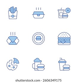 Fast food icons set. Line Duotone style, editable stroke. cheese, burger, french fries, hot food, fast food