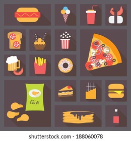 Fast food icons set for menu, cafe and restaurant. Flat design vector