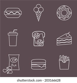 Fast food icons set for menu, cafe and restaurant. Junk food line set. Vector icons set