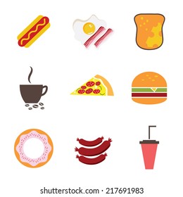 Fast food icons set for menu, cafe and restaurant. Flat design vector