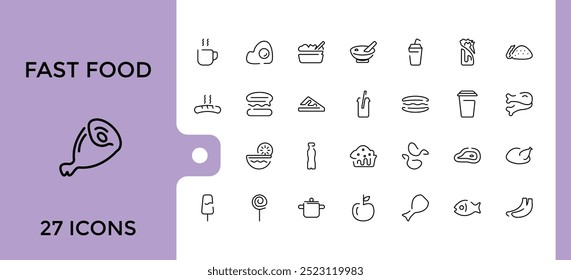 Fast Food Icons set. moderna linha fina restaurante menu relacionado coleção de ícones, batatas fritas, sobremesas, hambúrguer e muito mais. Ilustração vetorial, Pixel perfeito.