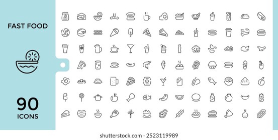 Fast Food Icons set. modern thin line restaurant menu related icons collection, French fries, desserts, burger, and more. Vector illustration, Pixel perfect.