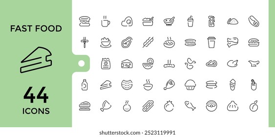 Fast Food Icons set. moderna linha fina restaurante menu relacionado coleção de ícones, batatas fritas, sobremesas, hambúrguer e muito mais. Ilustração vetorial, Pixel perfeito.