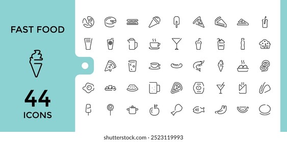 Fast Food Icons set. moderna linha fina restaurante menu relacionado coleção de ícones, batatas fritas, sobremesas, hambúrguer e muito mais. Ilustração vetorial, Pixel perfeito.