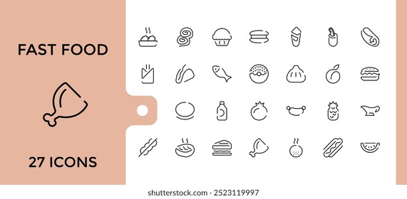 Fast Food Icons set. moderna linha fina restaurante menu relacionado coleção de ícones, batatas fritas, sobremesas, hambúrguer e muito mais. Ilustração vetorial, Pixel perfeito.