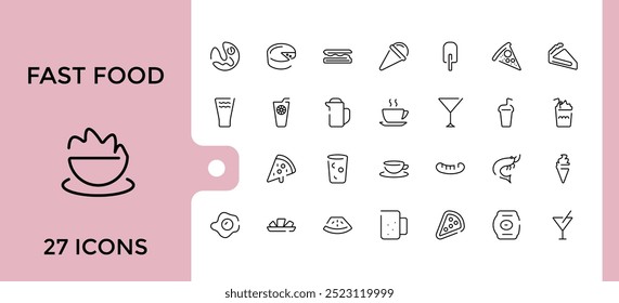 Conjunto de iconos de comida rápida. colección de iconos relacionados con el menú de restaurantes de línea delgada moderna, papas fritas, postres, hamburguesas y más. Ilustración vectorial, Pixel perfecto.