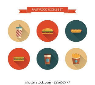 Fast Food icons set on isolated background. Modern color. Flat design with  long shadows. Minimalistic style.