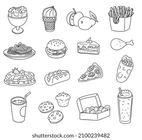 Fast food icons set in outline doodle style, vector illustration isolated on white background. Tasty meals for children - pizza, ice cream, french fries and burrito.