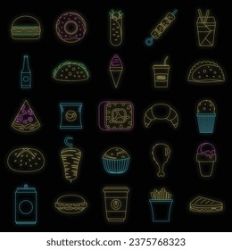 Fast food icons set. Outline illustration of 25 fast food vector icons neon color on black