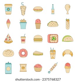 Fast food icons set. Outline illustration of 25 fast food vector icons thin line color flat on white