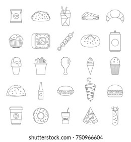 Fast food icons set. Outline illustration of 25 fast food vector icons for web