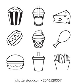  ícones fast food definidos sobre fundo branco, estilo de linha, ilustração vetorial