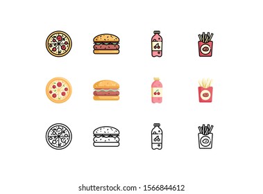 Fast food icons, icons set, pizza, burger, drink, french fries.