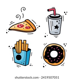 Fast food icons set - Pizza, French fries, beverage, chocolate donut. Hand drawn fast food combination. Comic doodle sketch style. Colorful snacks drawn with felt tip pen. Vector illustration