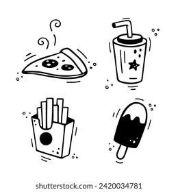 Fast food icons set - Pizza, French fries, paper cup with drink, ice cream. Hand drawn fast food combo. Comic doodle sketch style. Vector illustration
