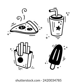 Fast food icons set - Pizza, French fries, paper cup with drink, ice cream. Hand drawn fast food combo. Comic doodle sketch style. Vector illustration