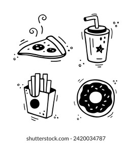 Fast food icons set - Pizza, French fries, paper cup with drink, donut. Hand drawn fast food combo. Comic doodle sketch style. Vector illustration