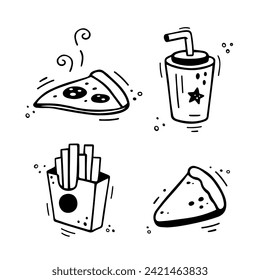 Fast food icons set - Pizza, French fries, paper cup with drink, pie, cake, tart. Hand drawn fast food combo. Comic doodle sketch style. Vector illustration