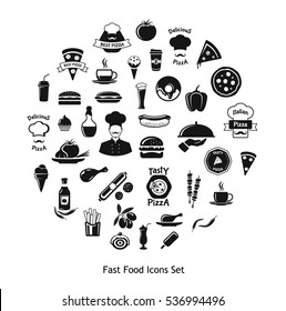 Fast food icons set and pizza logo in circle shape. Pizza, burger, french fries, chef