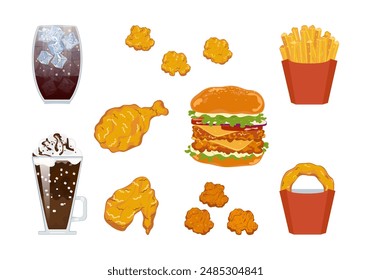 Los iconos de comida rápida establecen menús de restaurantes de comida rápida. Bebida sin alcohol, crema batida de cacao, gallina pops, pollo frito, papas fritas, hamburguesa, aros de cebolla, aros de cebolla. Iconos aislados y objetos en el fondo.