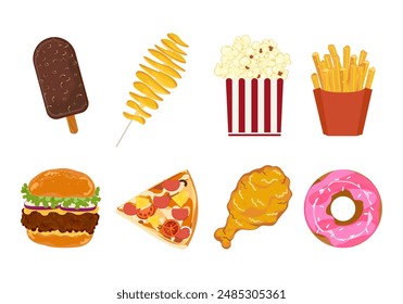 Fast food icons set Fast food restaurant menus. Ice cream, tornado potatoes, popcorn, burgers, french fries, hot dogs, pizza, fried chicken, and donuts. They isolated icon objects on the background.