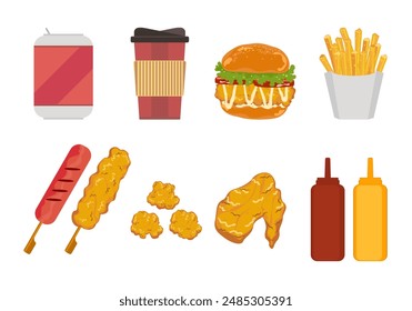 Fast food icons set Fast food restaurant menu, soft drinks, coffee mugs, burgers, french fries, hot dogs, chicken pop, fried chicken, chili sauce, and ketchup isolated icons, objects on the background