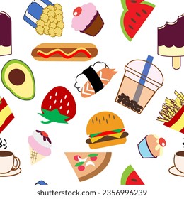 fast food icons set seamless repeat pattern, replete image design for fabric printing or cafe shop wall or coffee shop wallpaper, hamburger, ice bubble team ice cream, hotdog, pizza, popcorn, cake