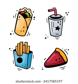Fast food icons set - shawarma, burrito, French fries, paper cup with drink, pie. Hand drawn fast food combo. Comic doodle style. Colorful snacks drawn with felt tip pen. Vector illustration