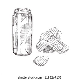 Fast food icons set in sketch style. Crispy wavy potato chips and soda can monochrome hand drawn illustration isolated on white. Concept for snackbar.