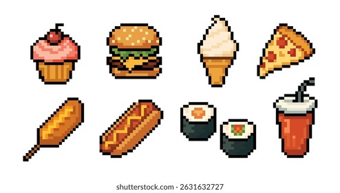 Fast Food Icons Set with Snacks and Sweets in Pixel Art style. Pixel food icon set with fast food and sweets including burger, pizza, soda, ice cream, cupcake, sushi, and hot dog. vector illustration