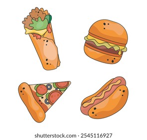 Conjunto de ícones do Fast food. Taco ou burrito, hambúrguer, fatia de pizza e cachorro-quente com mostarda. Comer comida de folga e fast food de lixo. Coleção de vetores lineares isolada no plano de fundo branco