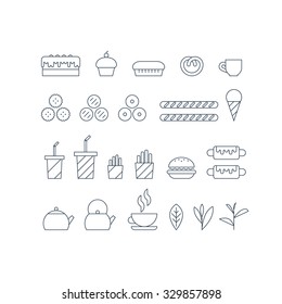 Fast food icons set, thin lines