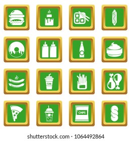 Fast food icons set vector green square isolated on white background 