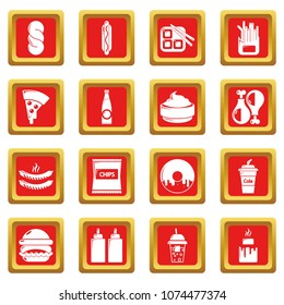 Fast food icons set vector red square isolated on white background 