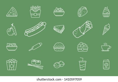 Fast food icons set - Vector outline symbols of sandwich, burger, hot dog, meat and desserts for Web or Mobile