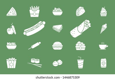 Fast food icons set - Vector solid silhouettes of sandwich, burger, hot dog, meat and desserts for Web or Mobile