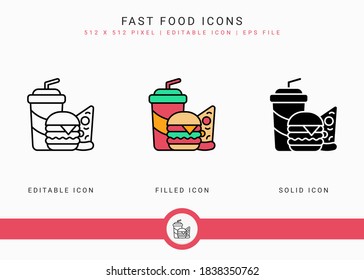 Fast Food Icons Set Vector Illustration With Solid Icon Line Style. Cafeteria Snack Menu Concept. Editable Stroke Icon On Isolated Background For Web Design, Infographic And UI Mobile App.